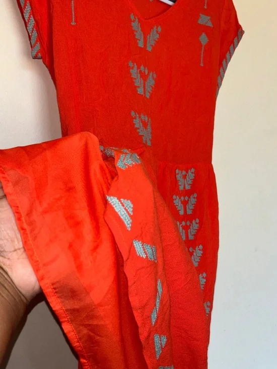 THML Rayon Mini Dress Sz M Tie Waist Boho Shift Vacation Embroidered Festival - Picture 3 of 11